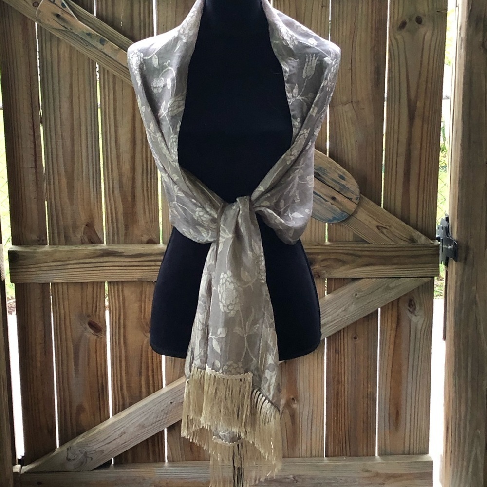 Vintage Gold Sheer Floral Embossed Pattern Scarf Wrap with Fringed Ends